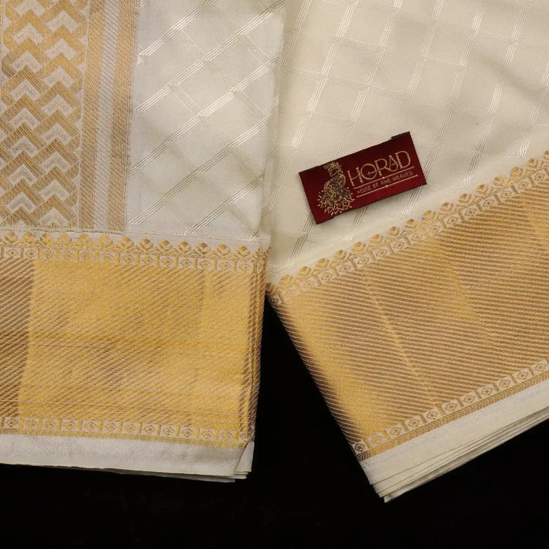 Horad Pure Silk Blend Cream Emboss Border Shirt Material + Dhoti ( 2 in 1 )