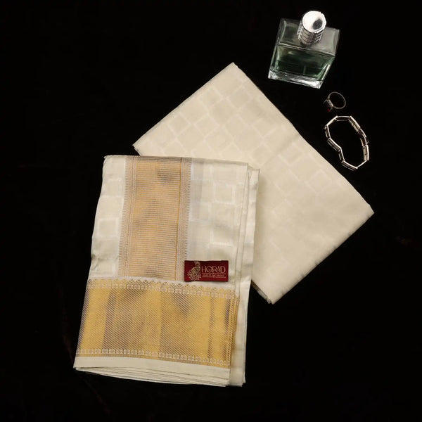Horad Pure Silk Blend Cream Emboss Shirt Material + Dhoti (2 in 1)