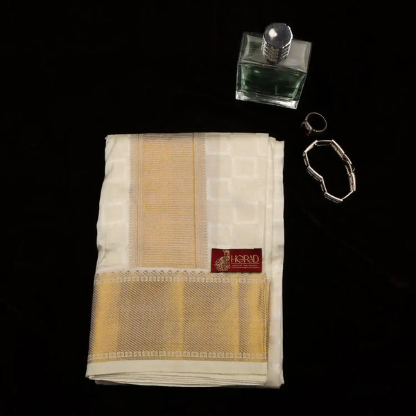 Horad Pure Silk Blend Cream Emboss Border Shirt Material + Dhoti (2 in 1)