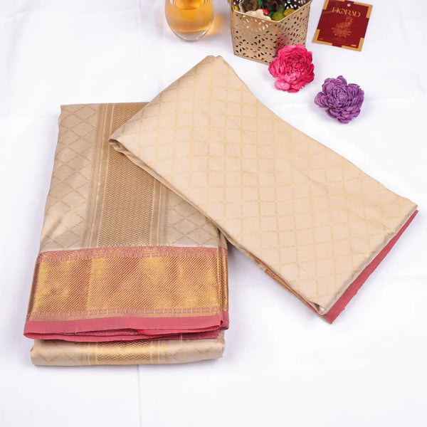 Horad Pure Silk Gold Emboss with Red Border Wedding Set Shirt material + Dhoti + Angavastram