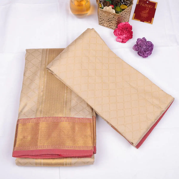 Horad Pure Silk Gold Emboss with Red Border Wedding Set Shirt material + Dhoti + Angavastram