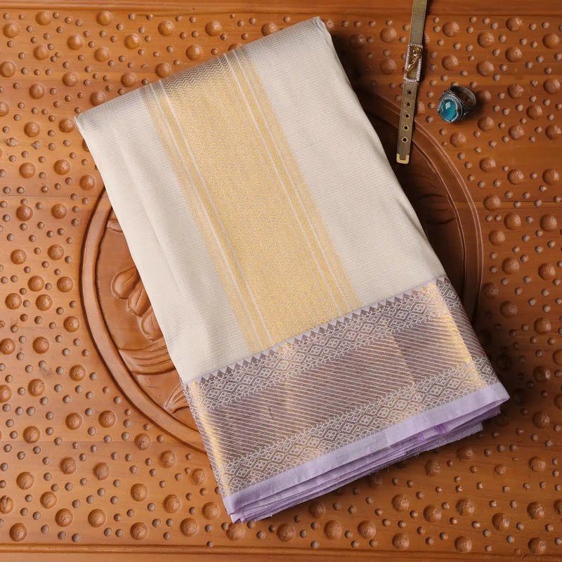 Horad Pure Silk Cream Emboss Wedding Set Shirt material + Dhoti + Angavastram