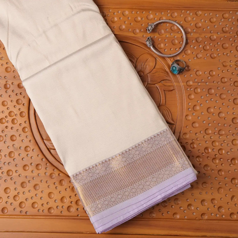 Horad Pure Silk Cream Emboss Wedding Set Shirt material + Dhoti + Angavastram
