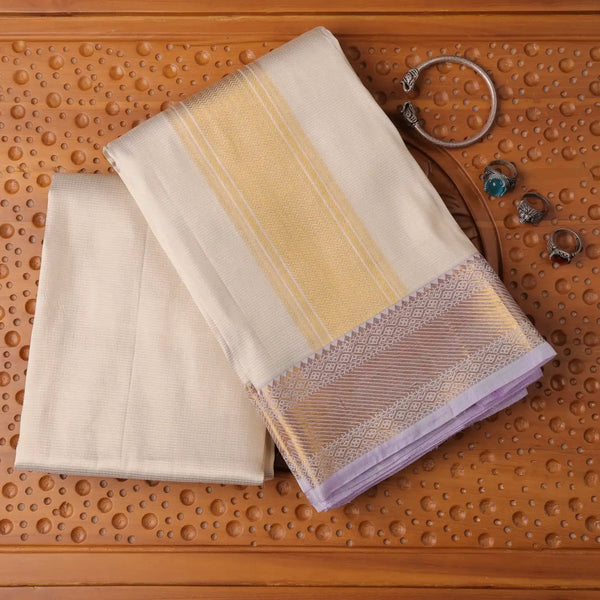 Horad Pure Silk Cream Emboss Wedding Set Shirt material + Dhoti + Angavastram
