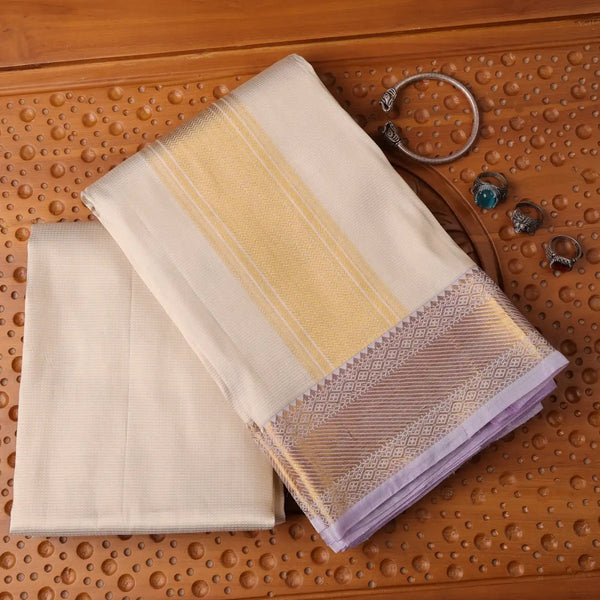 Horad Pure Silk Cream Wedding Set Shirt material + Dhoti + Angavastram