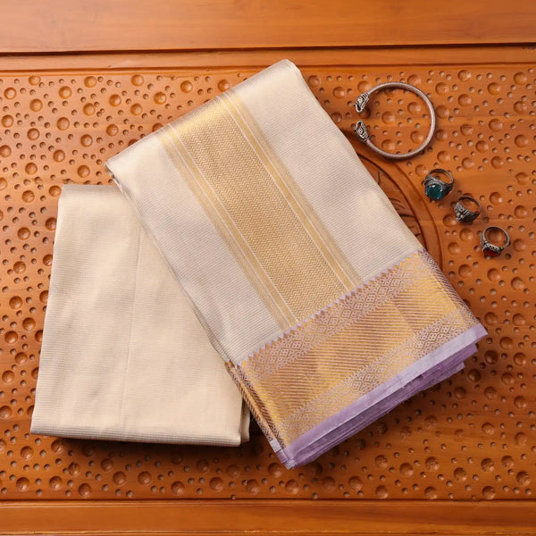 Horad Pure Silk Cream Wedding Set Shirt material + Dhoti + Angavastram