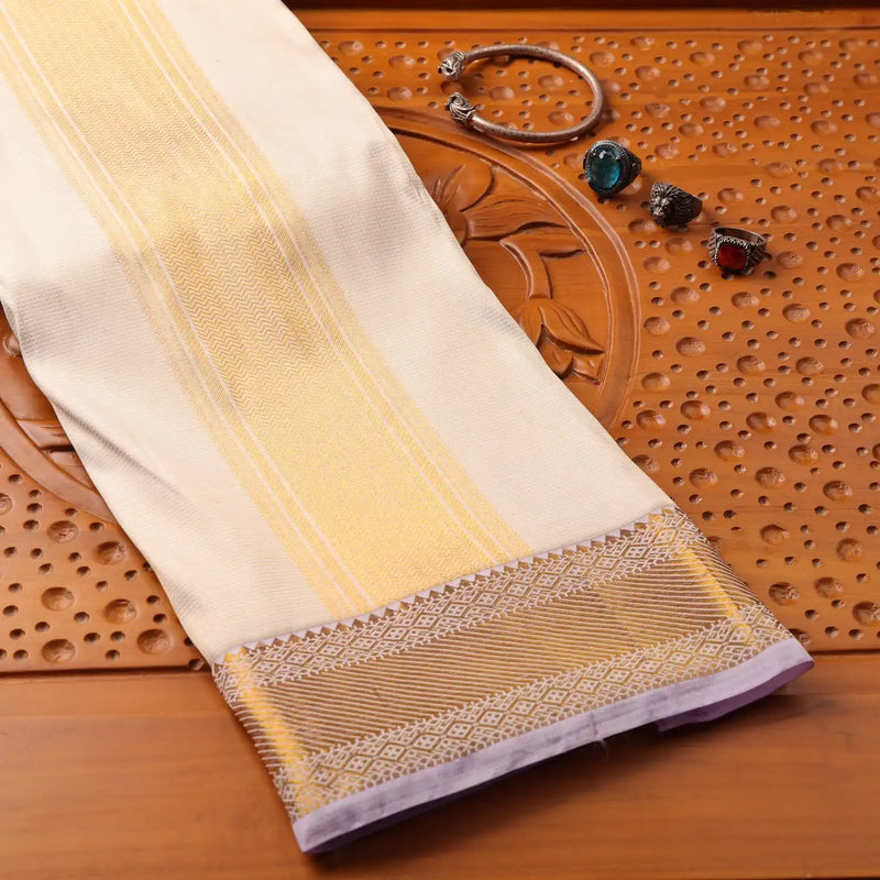 Horad Pure Silk Cream Emboss Wedding Set Shirt material + Dhoti + Angavastram (3 in 1)