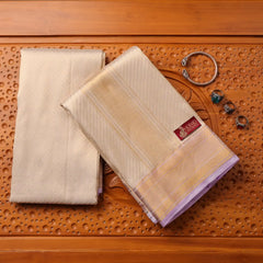 Horad Pure Silk Cream Emboss Lavender Border Wedding Set Shirt material + Dhoti + Angavastram (3 in 1)