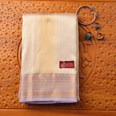 Horad Pure Silk Cream Emboss Lavender Border Wedding Set Shirt material + Dhoti + Angavastram (3 in 1)