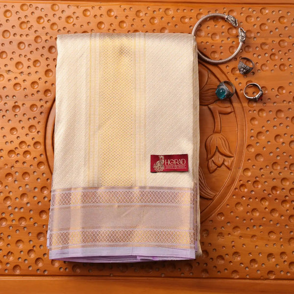Horad Pure Silk Cream Emboss Lavender Border Wedding Set Shirt material + Dhoti + Angavastram (3 in 1)