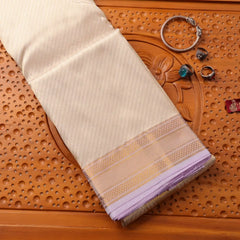 Horad Pure Silk Cream Emboss Lavender Border Wedding Set Shirt material + Dhoti + Angavastram (3 in 1)