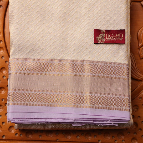 Horad Pure Silk Cream Emboss Lavender Border Wedding Set Shirt material + Dhoti + Angavastram (3 in 1)