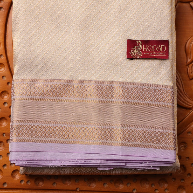 Horad Pure Silk Cream Emboss Lavender Border Wedding Set Shirt material + Dhoti + Angavastram (3 in 1)