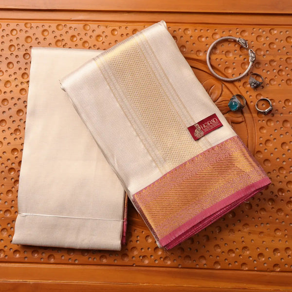 Horad Pure Silk Cream Emboss Red Border Wedding Set Shirt material + Dhoti + Angavastram
