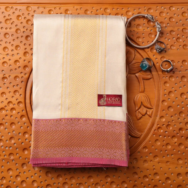 Horad Pure Silk Cream Wedding Set Shirt material + Dhoti + Angavastram (3 in 1)