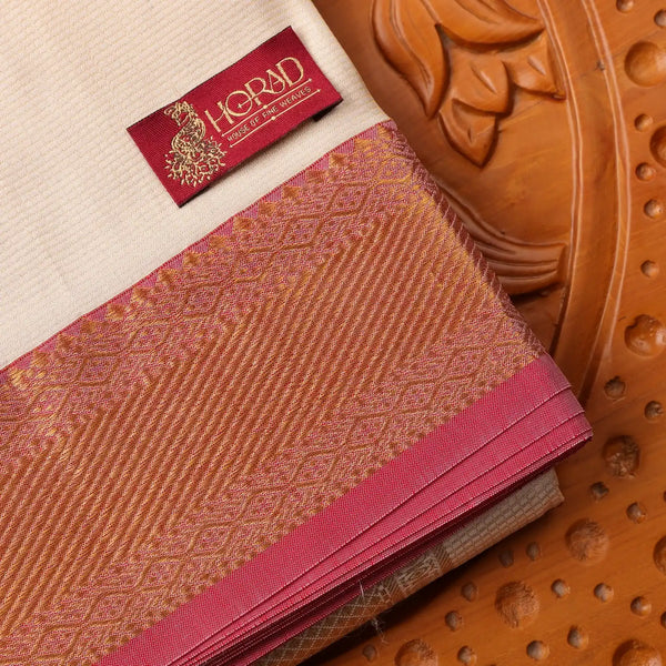 Horad Pure Silk Cream Emboss Red Border Wedding Set Shirt material + Dhoti + Angavastram