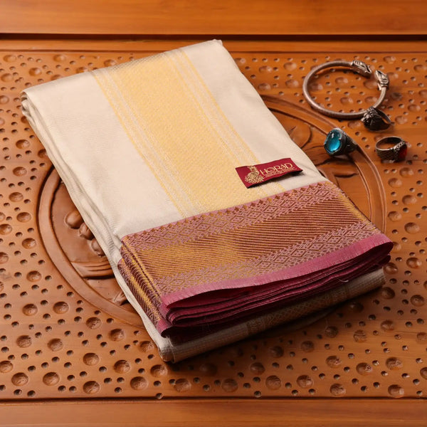 Horad Pure Silk Cream Emboss Red Border Wedding Set Shirt material + Dhoti + Angavastram