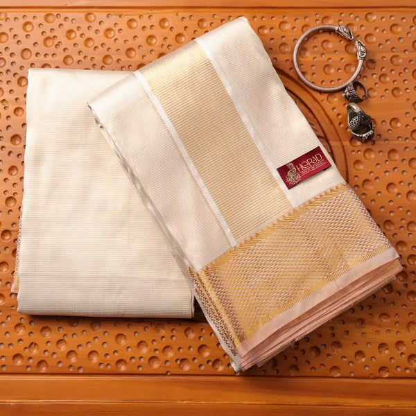 Horad Pure Silk Cream Emboss Wedding Set Shirt Material + Dhoti + Angavastram
