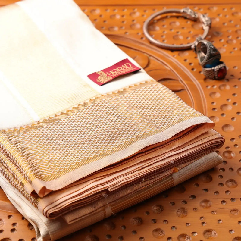 Horad Pure Silk Cream Emboss Wedding Set Shirt Material + Dhoti + Angavastram