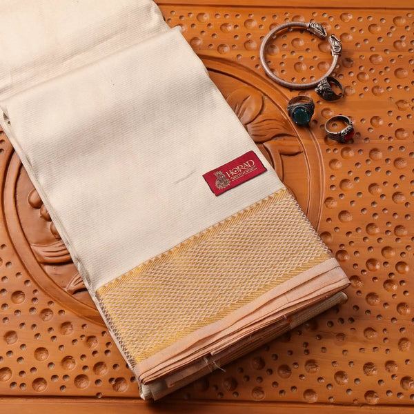 Horad Pure Silk Cream Emboss Wedding Set Shirt Material + Dhoti + Angavastram