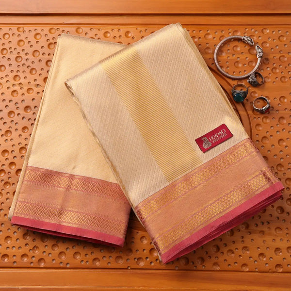Horad Pure Silk Gold Emboss with Red Border Wedding Set Shirt material + Dhoti + Angavastram
