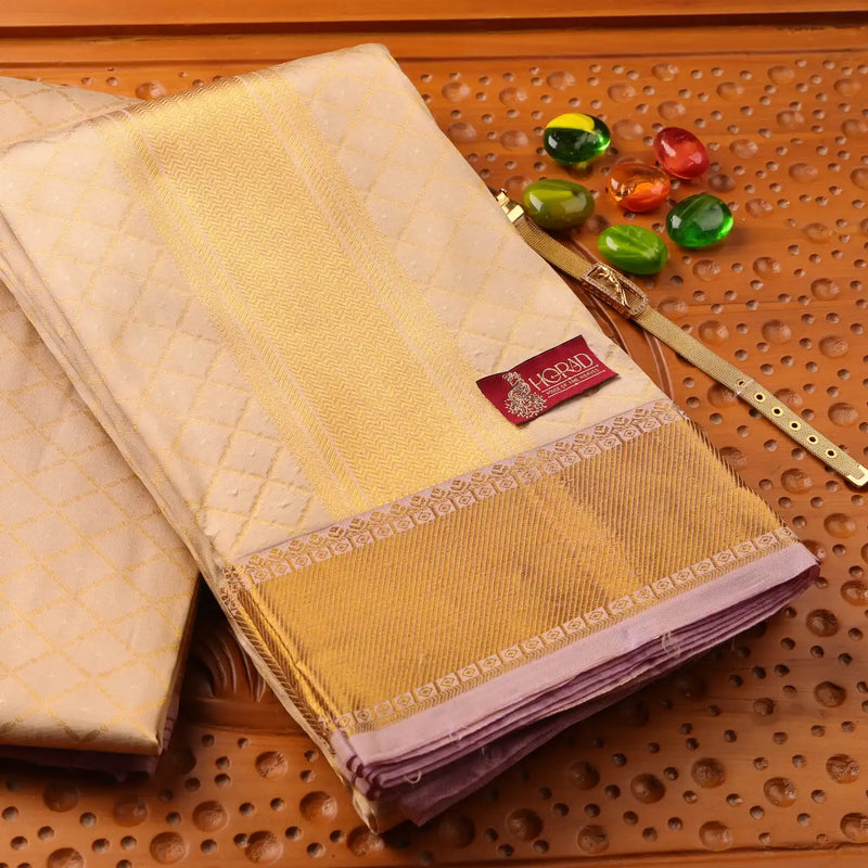 Horad Pure Silk Light Gold Emboss Wedding Set Shirt material + Dhoti + Angavastram (3 in 1)