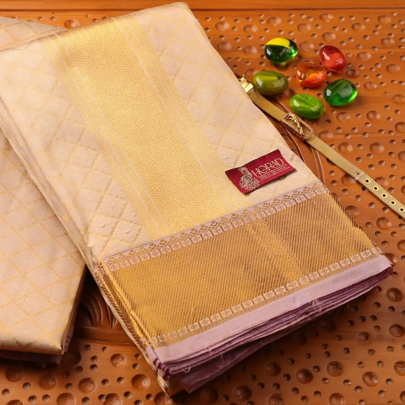 Horad Pure Silk Light Gold Emboss Wedding Set Shirt material + Dhoti + Angavastram