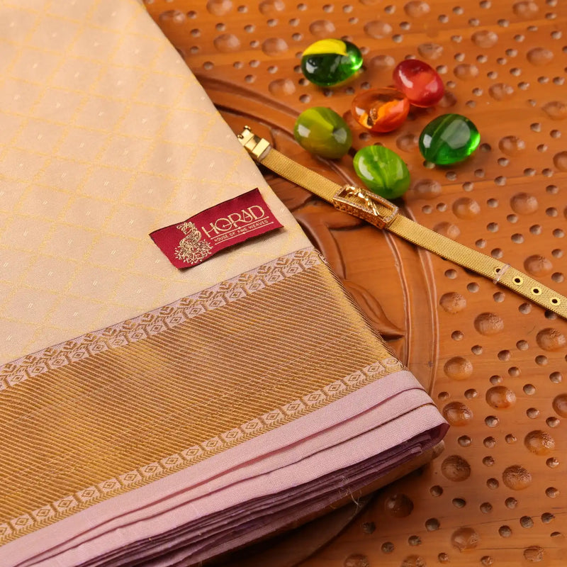 Horad Pure Silk Light Gold Emboss Wedding Set Shirt material + Dhoti + Angavastram