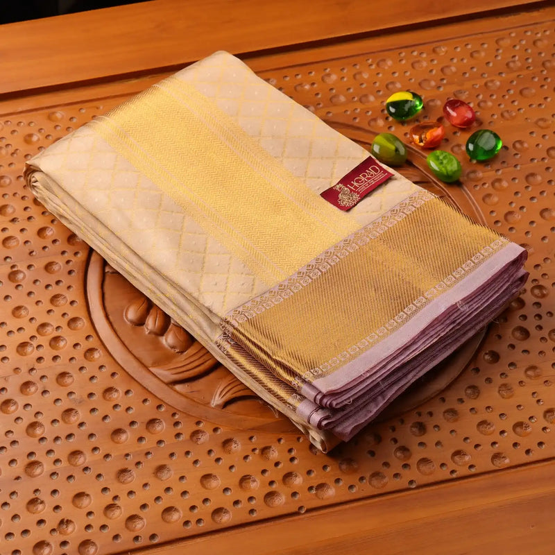 Horad Pure Silk Light Gold Emboss Wedding Set Shirt material + Dhoti + Angavastram