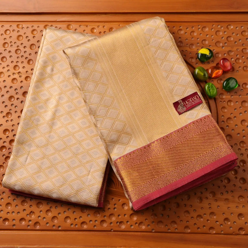 Horad Pure Silk Light Gold Emboss Wedding Set Shirt material + Dhoti + Angavastram (3 in 1)