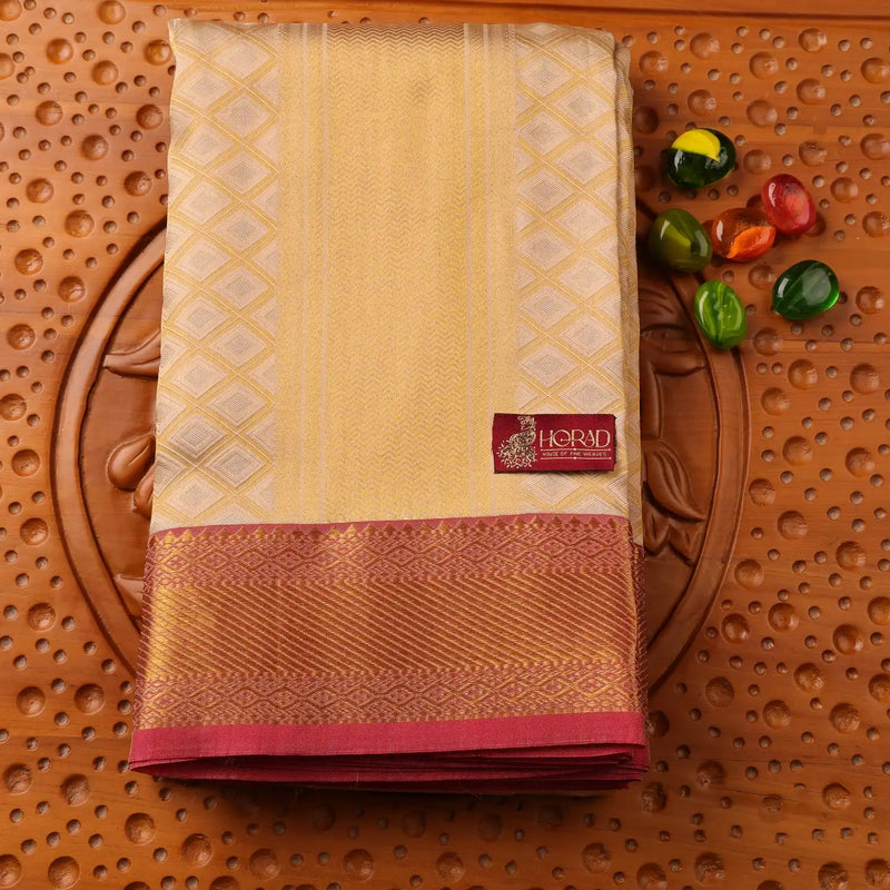 Horad Pure Silk Light Gold Emboss Wedding Set Shirt material + Dhoti + Angavastram (3 in 1)