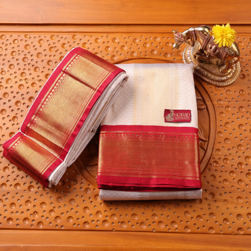 Horad Pure Silk Cream Emboss With Red Border Wedding Set (HIPSPS2)