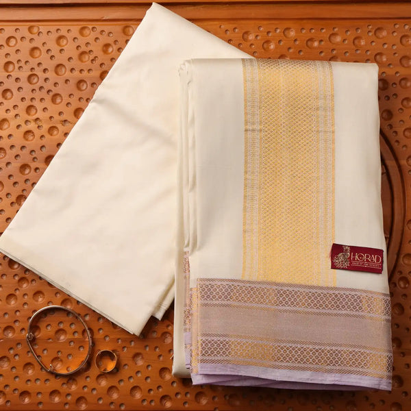 Horad Pure Silk Cream Wedding Set Shirt material + Dhoti + Angavastram (3 in 1)