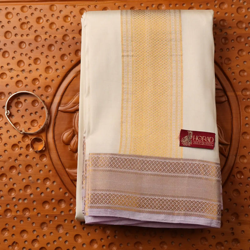 Horad Pure Silk Cream Wedding Set Shirt material + Dhoti + Angavastram (3 in 1)