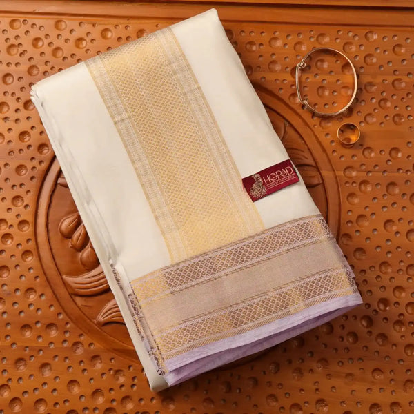 Horad Pure Silk Cream Wedding Set Shirt material + Dhoti + Angavastram (3 in 1)