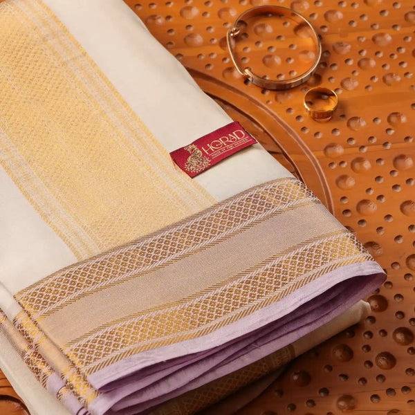 Horad Pure Silk Cream Wedding Set Shirt material + Dhoti + Angavastram (3 in 1)