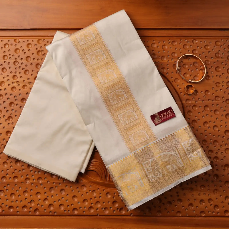 Horad Pure Silk Blend Cream Elephant Border Shirt Material + Dhoti ( 2 in 1 )