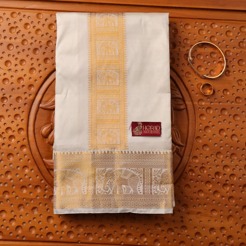 Horad Pure Silk Blend Cream Elephant Border Shirt Material + Dhoti ( 2 in 1 )