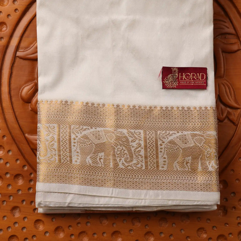 Horad Pure Silk Blend Cream Elephant Border Shirt Material + Dhoti ( 2 in 1 )
