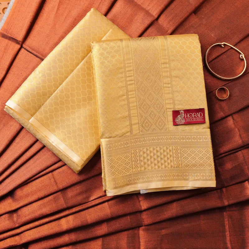 Horad Premium Art Silk Tissue Double Warp Dark Gold Emboss Shirt Material + Dhoti (2 in 1)