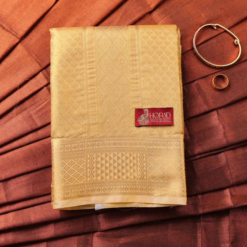 Horad Premium Art Silk Tissue Double Warp Dark Gold Emboss Shirt Material + Dhoti (2 in 1)