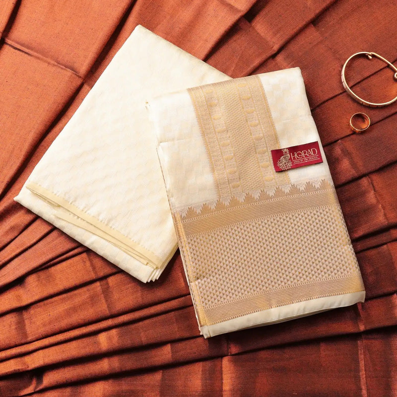 Horad Premium Art Silk Cream Emboss 4 Inch Border Shirt Material+Dhoti