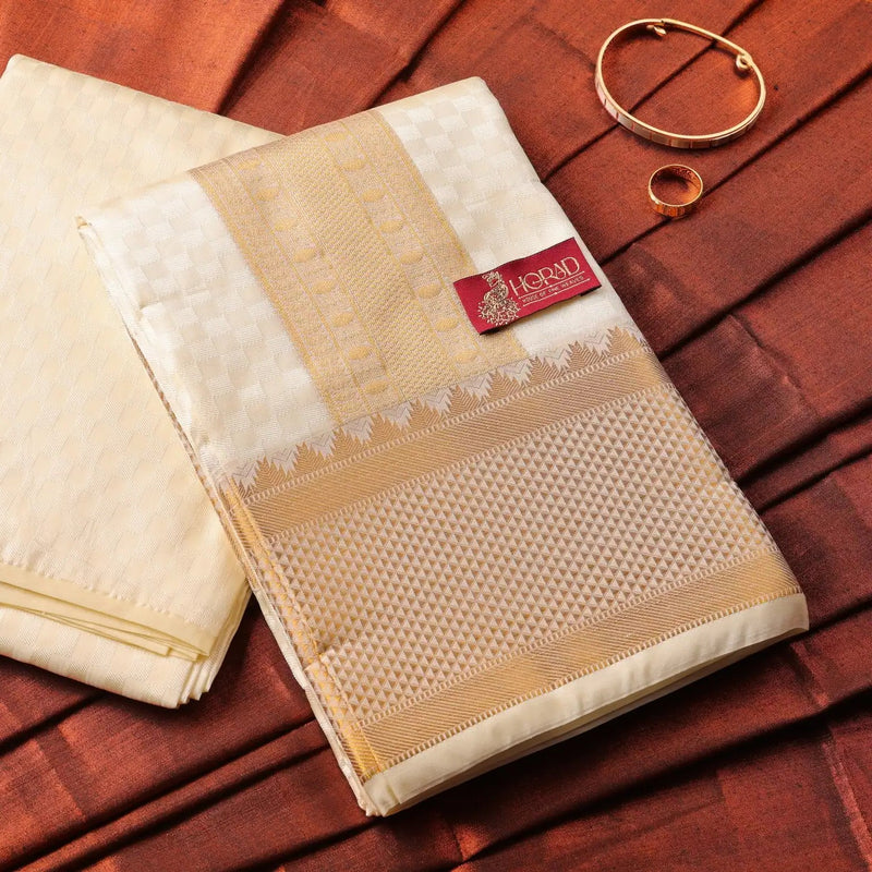 Horad Premium Art Silk Cream Emboss 4 Inch Border Shirt Material+Dhoti