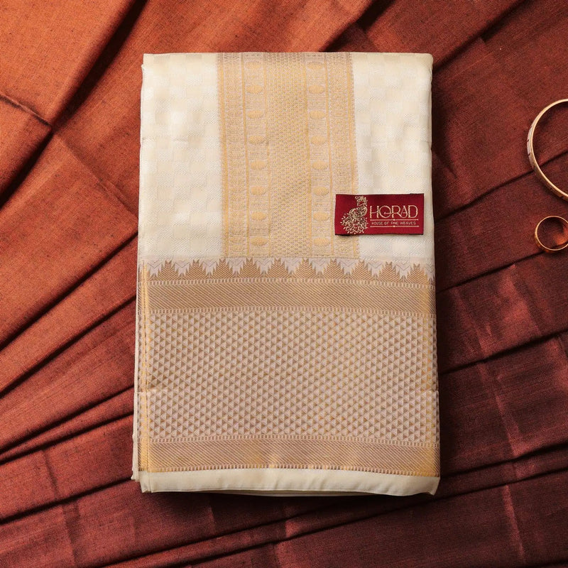 Horad Premium Art Silk Cream Emboss 4 Inch Border Shirt Material+Dhoti