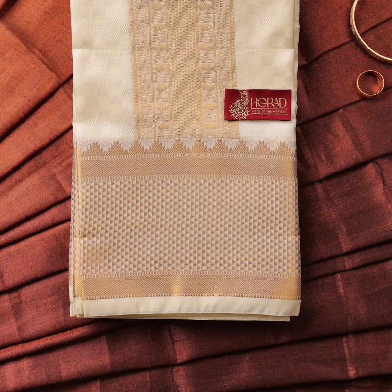 Horad Premium Art Silk Cream Emboss 4 Inch Border Shirt Material+Dhoti