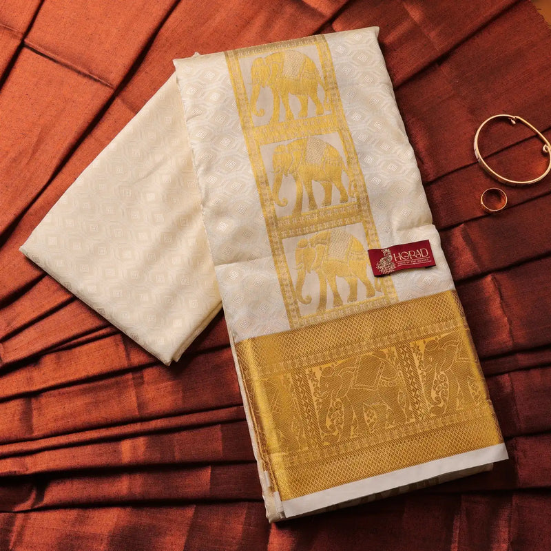 Horad Premium Art Silk Cream Emboss Elephant Shirt Material+Dhoti ( 2 in 1)