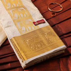 Horad Premium Art Silk Cream Emboss Elephant Shirt Material+Dhoti ( 2 in 1)