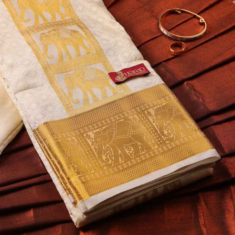 Horad Premium Art Silk Cream Emboss Elephant Shirt Material+Dhoti ( 2 in 1)