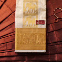 Horad Premium Art Silk Cream Emboss Elephant Shirt Material+Dhoti ( 2 in 1)
