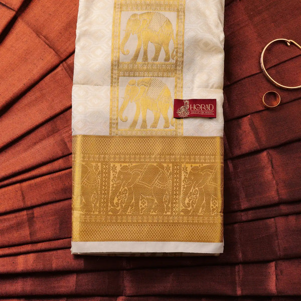 Horad Premium Art Silk Cream Emboss Elephant Shirt Material+Dhoti (2 in 1)